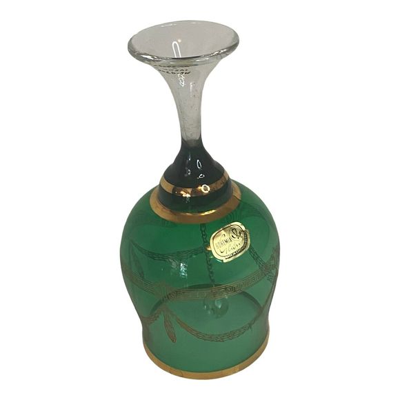 Bohemia Crystal Glass Bell Table Bell Green Gold Decor Czechoslovakia Art - Picture 3 of 9